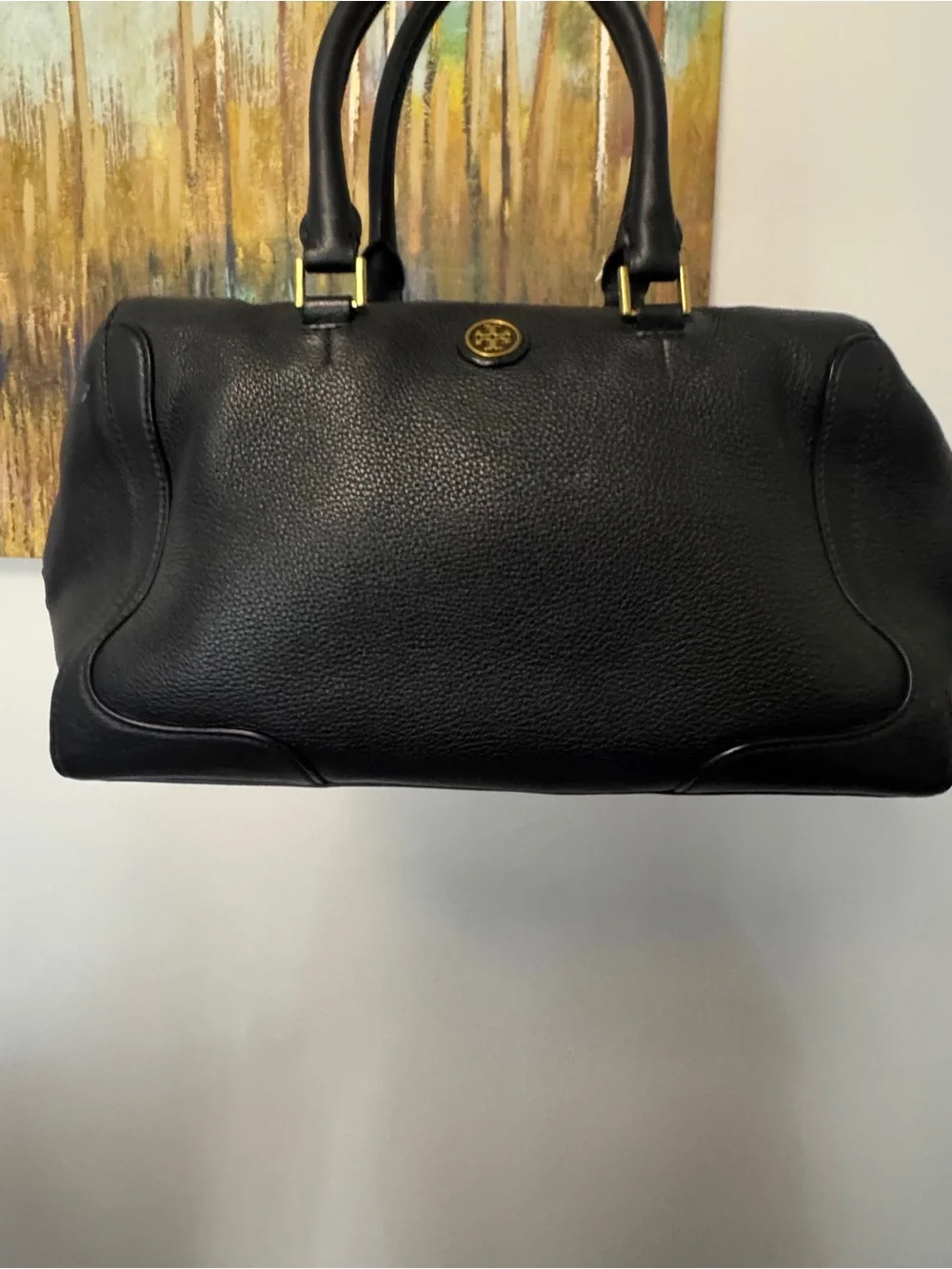 Tory Burch Black Pebbled Leather Satchel with Gold-Tone Logo